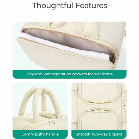 Camel Puffy Travel Wash Bag with Wide-Mouth Access and Wet-Dry Pockets - Mekamart Australia