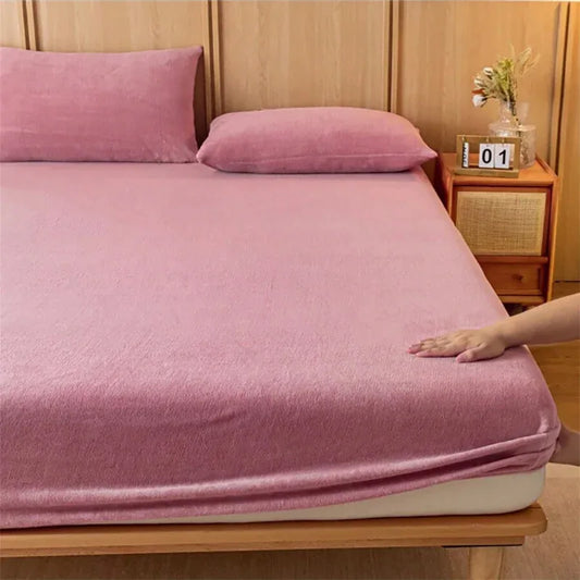 Bean paste color Plush Crystal Velvet Fitted Sheet - Ultra Soft, Warm & Thick for Winter (153x203+36cm) - Mekamart Australia