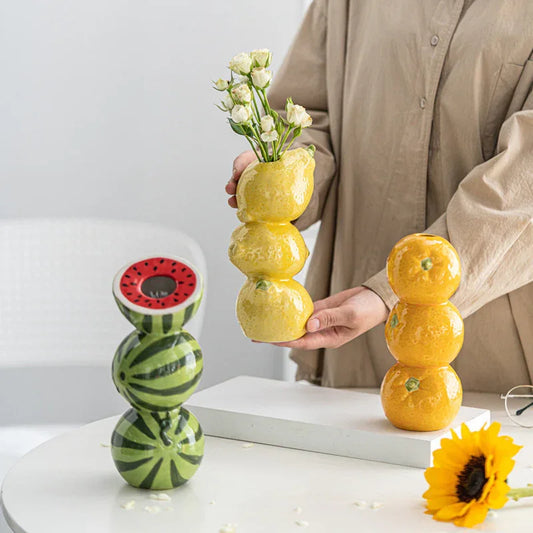 Yellow Zesty Stacked Lemon Ceramic Vase - Cheerful Nordic Tabletop Decor - Mekamart Australia