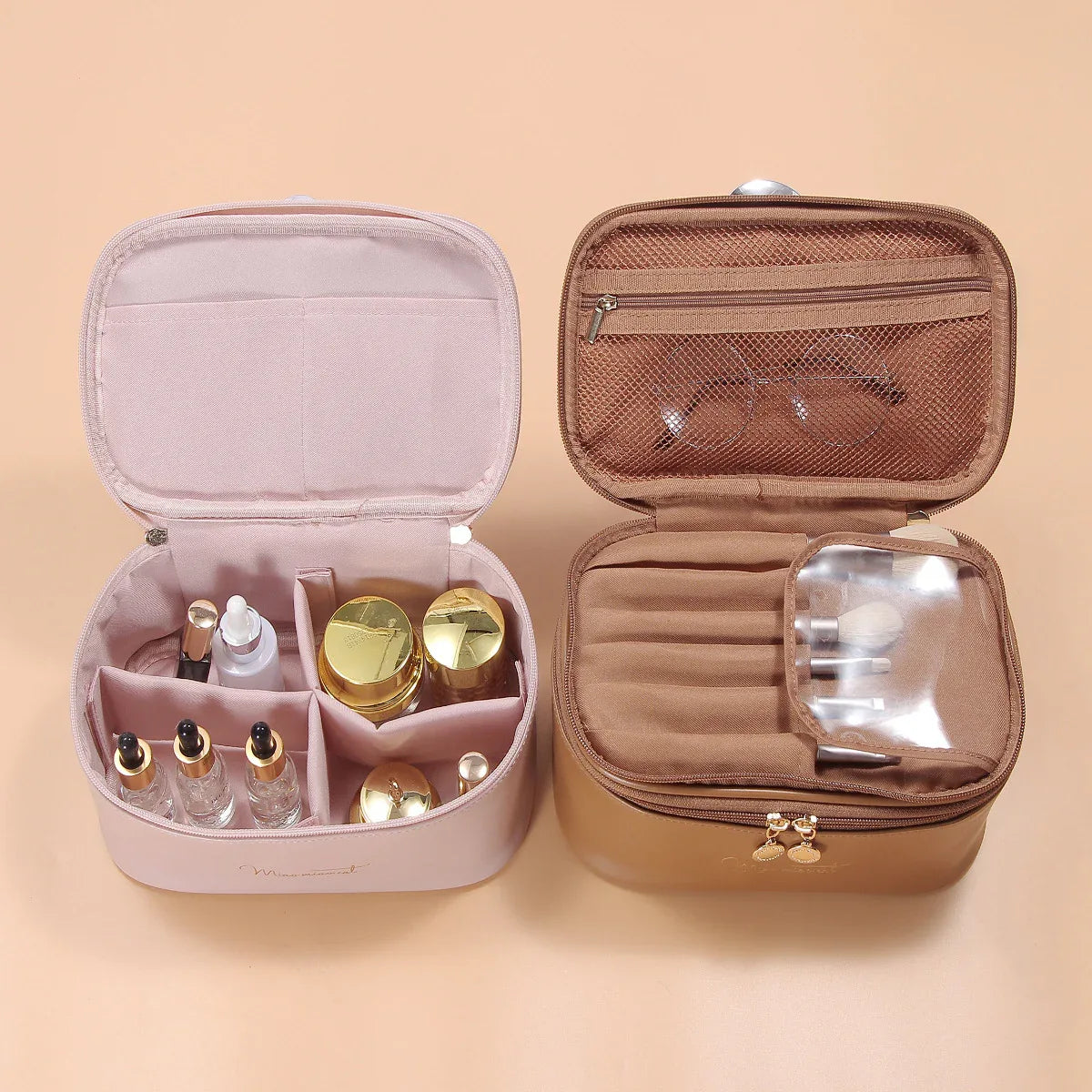 Pink Stylish PU Leather Makeup Bag - Large Capacity Double Layer Waterproof Travel Cosmetic Organizer Case for Women - Mekamart Australia