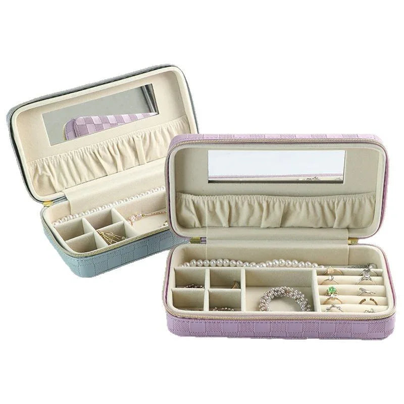 Pink Stylish PU Leather Travel Jewellery Box - Compact Organizer for Rings, Earrings, Necklaces with Mirror - Mekamart Australia
