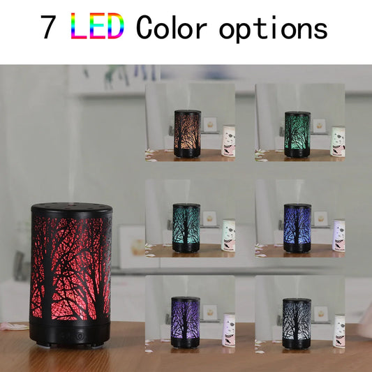 Coffee and Black Forest Design Iron Essential Oil Diffuser - 7 Color LED Ultrasonic Cool Mist Humidifier 100ml - Mekamart Australia