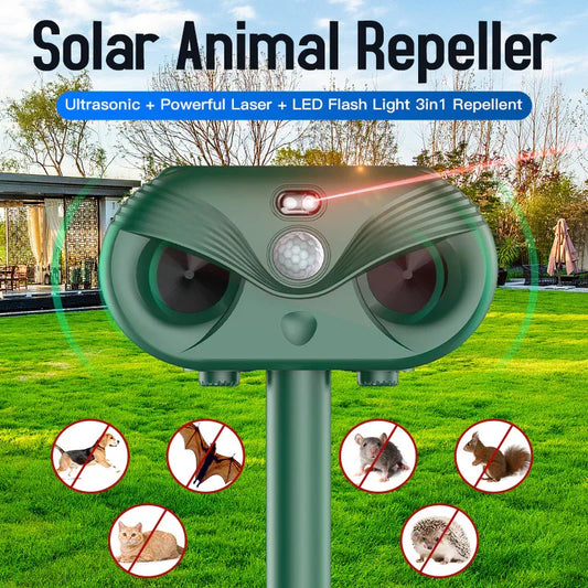 Green Advanced Solar Powered Ultrasonic Animal Repeller - Outdoor Pest Deterrent with Motion Sensor, Strobe Light & Laser - Mekamart Australia