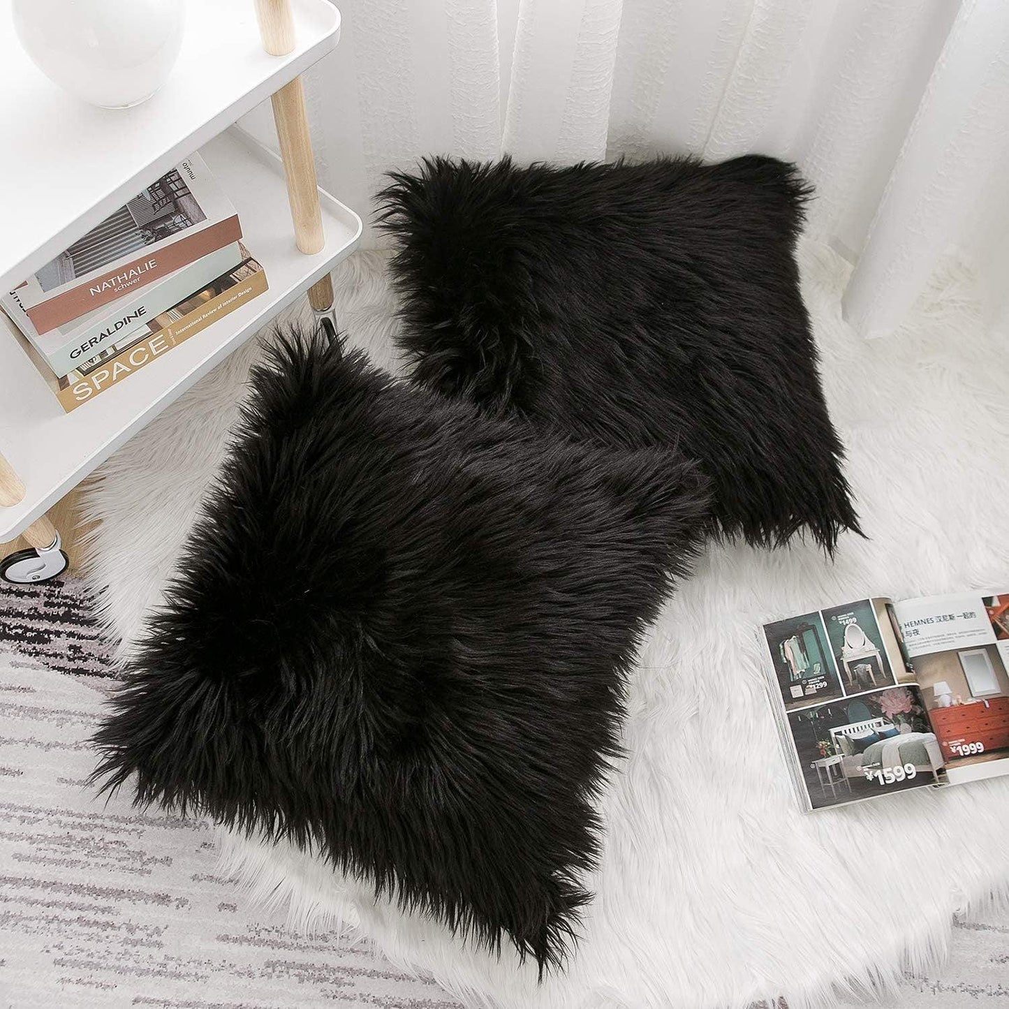 Black Luxurious Long Faux Fur Cushion Covers - Set of 2, 45x45cm Soft Plush Decorative Pillowcases for Sofa & Bed - Mekamart Australia