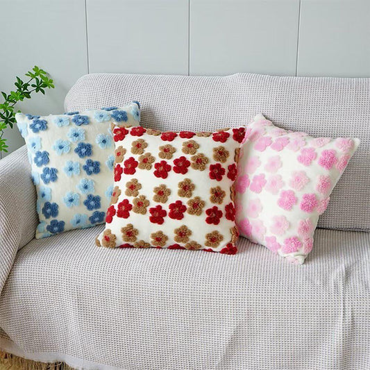 Red and Brown Charming 3D Floral Plush Cushion Covers - Set of 4, 45x45cm Soft Faux Lambswool Pillowcases for Sofa & Bed Decor - Mekamart Australia