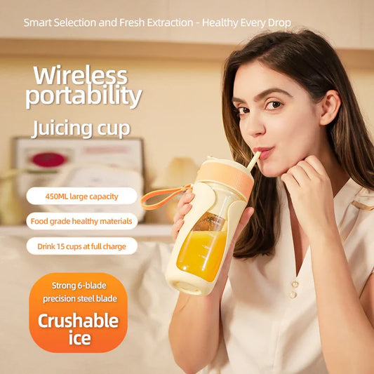 Portable Wireless Juicing Cup - 450ml, 6-Blade Ice Crusher, USB-C Fast Charging Smoothie Blender(orange) - Mekamart Australia