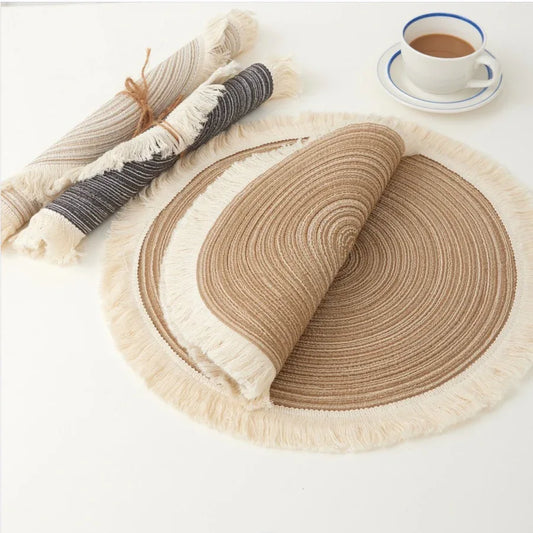Beige Chic Round Woven Placemats with Tassel Fringe - Set of 4, Cotton Ramie Blend, Heat Resistant Table Mats - Mekamart Australia