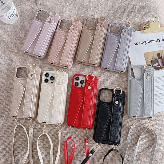 Beige Chic PU Leather Crossbody Wallet Case for iPhone 16 Pro - Card Holder with Detachable Strap & Finger Ring Grip - Mekamart Australia