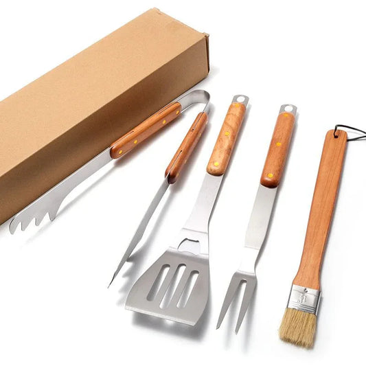 Premium 4-Piece BBQ Tool Set with Rubberwood Handles - Kraft Box - Mekamart Australia