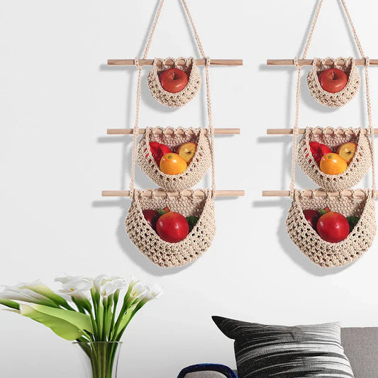 Three-layer hemp rope style Bohemian Hanging Fruit Basket – Wall-Mounted Woven Storage Net Pocket for Kitchen & Home Decor - Mekamart Australia