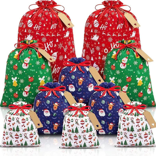 Black and white checkered Christmas Gift Drawstring Bags Set - Festive Burlap Style Pouches for Candy & Apples - Holiday Decoration - 10 Pcs - Mekamart Australia