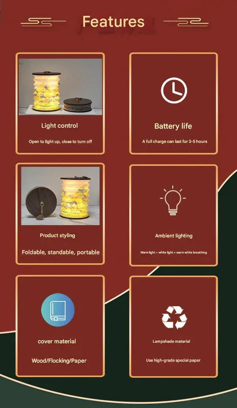 Foldable Telescopic Lantern Lamp - 3 Light Modes, USB Rechargeable, Wood/Paper Finish(Starry Night by Van Gogh) - Mekamart Australia