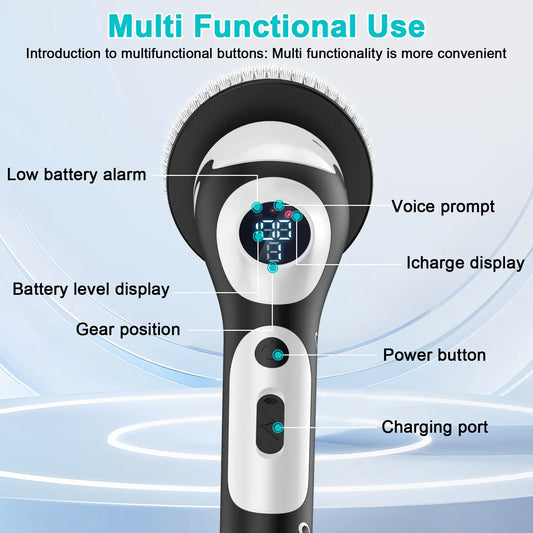 Multi-Functional Electric Spin Scrubber with Voice Broadcast, 9 Heads, Adjustable Extension Handle & LED Display(Black and White) - Mekamart Australia