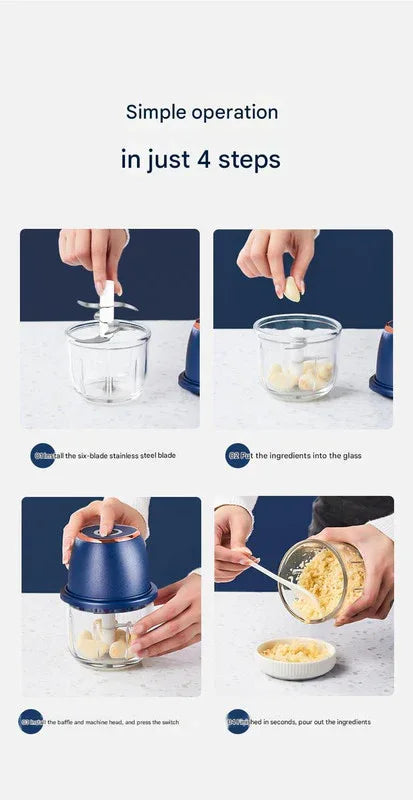 Electric Mini Garlic Chopper with Glass Bowl - USB Rechargeable, 6 Blades, Large Capacity(white) - Mekamart Australia