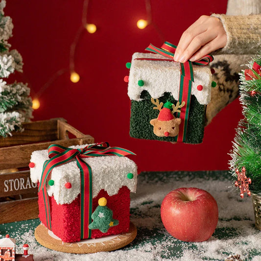 Red and Green Luxe Plush Christmas Gift Box - Decorative Holiday Treat Box with Snowy Trim - Mekamart Australia