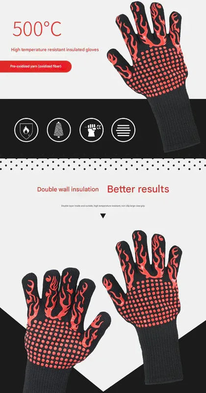 Red Flame Pattern Extreme Heat Resistant BBQ Gloves - 500°C Flame Design Oven Gloves with Non-Slip Silicone Grip - Mekamart Australia