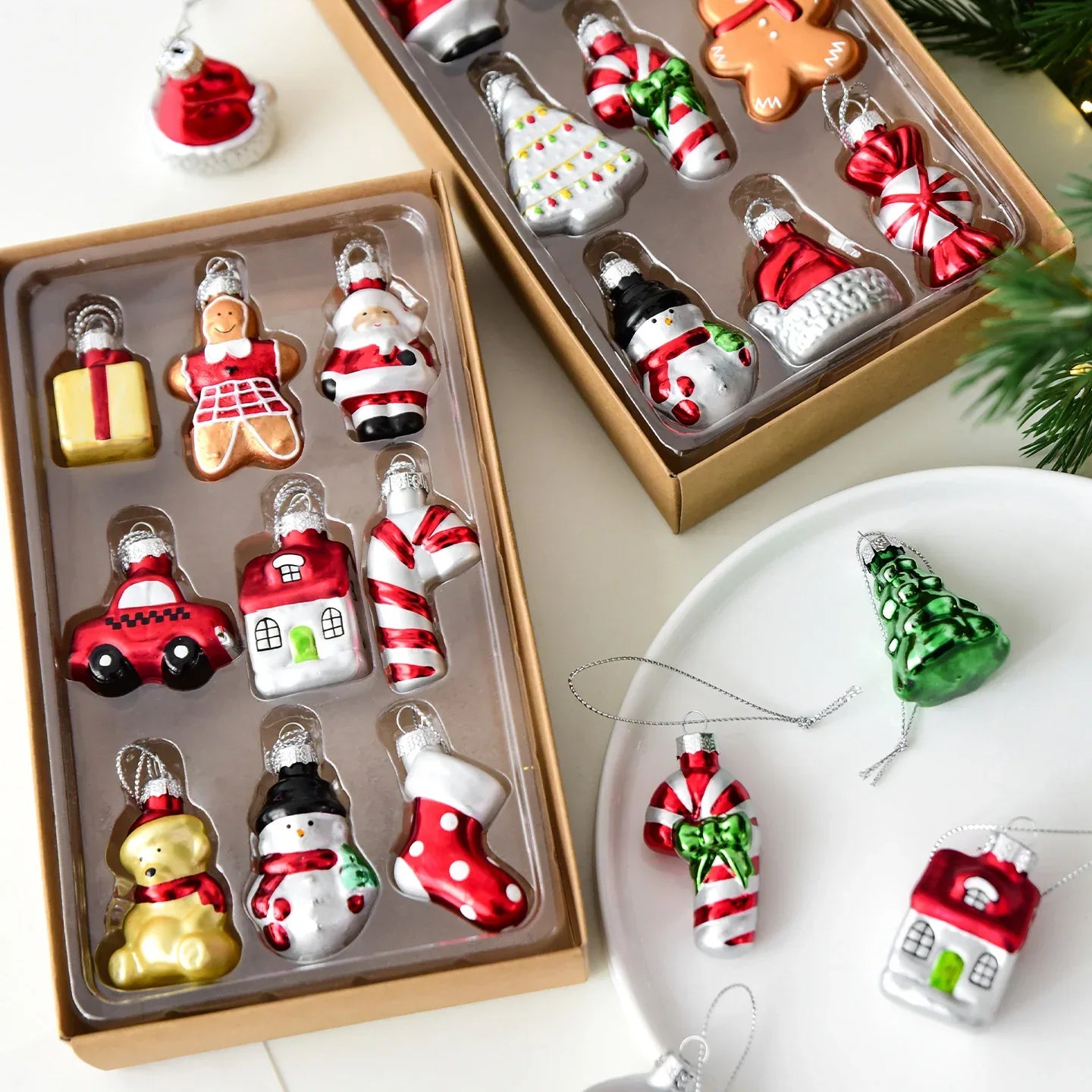 Style A Colorful Charming Miniature Glass Christmas Ornament Set - 9pc Classic Holiday Figures - Mekamart Australia
