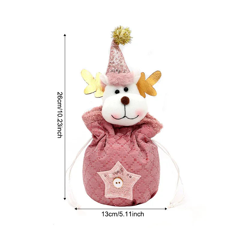 3 Pack Pink Christmas Drawstring Gift Bags Plush 3D Santa Snowman Reindeer Candy Pouches for Holiday Favours - Mekamart Australia
