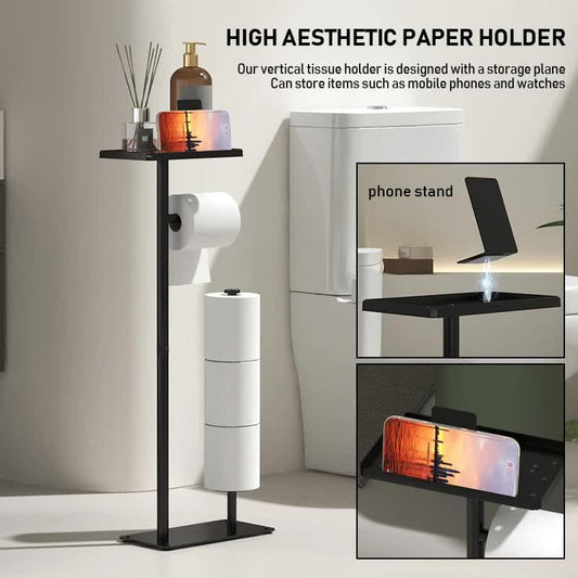 2-in-1 Freestanding Toilet Paper Holder - Thick Carbon Steel with Matte Black Finish, Storage Top and 2 * Paper Roll Holder - Mekamart Australia
