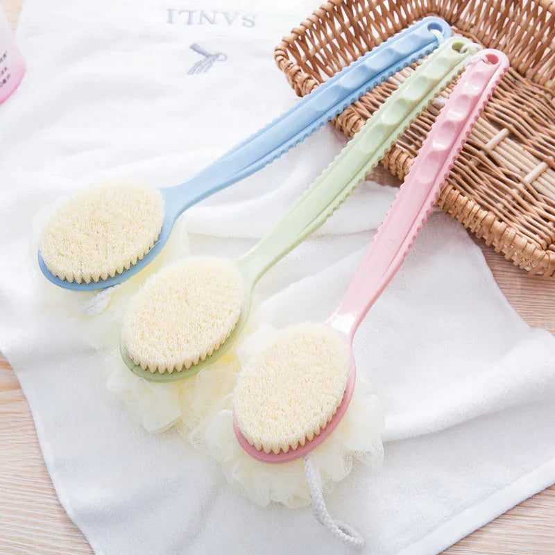 2-Pack Pink 2-in-1 Soft Bristle Long Handle Bath Brush & Shower Pouf Combo - Double-Sided Back Scrubber for Adults & Kids - Mekamart Australia