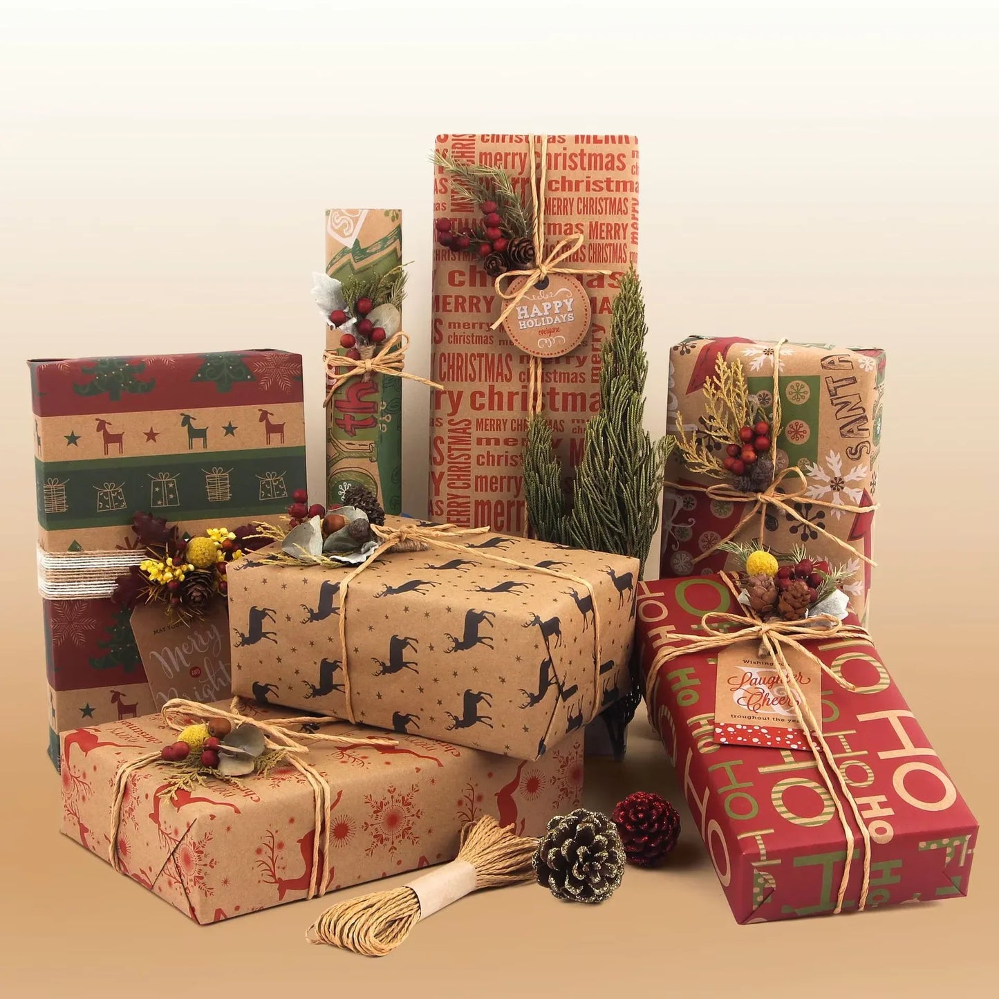 Christmas Gift Wrapping Paper 6-Pack - Vintage Kraft Style for Holiday Presents, 70x100cm - Mekamart Australia