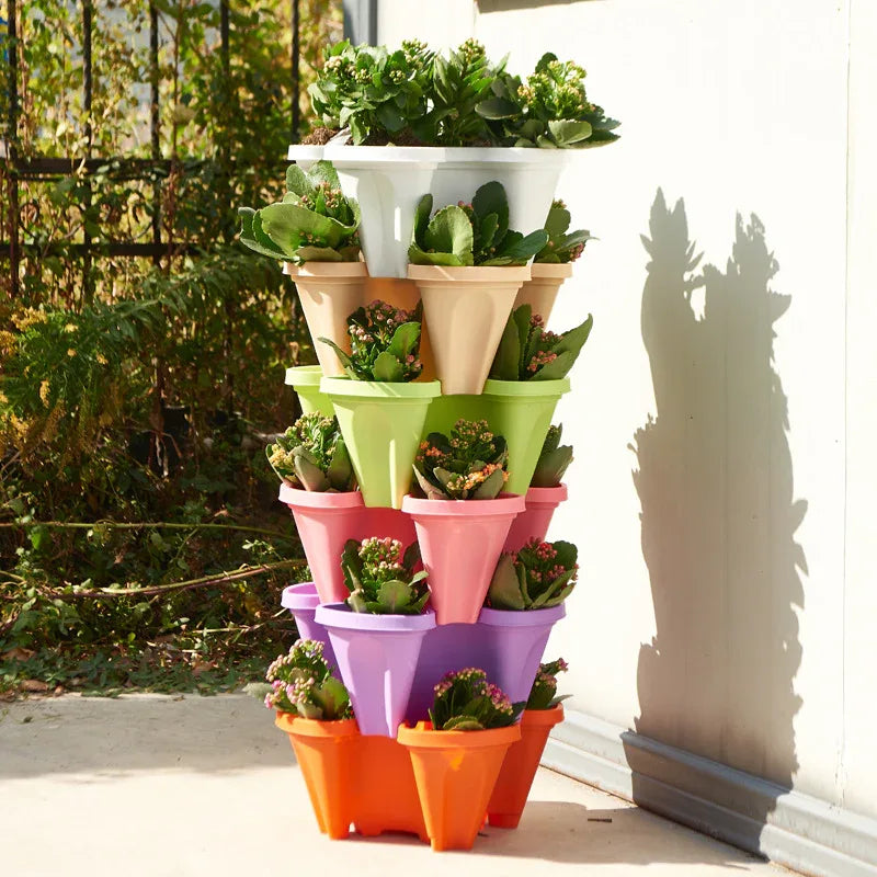 Red 3-Tier Stackable Strawberry & Vegetable Planter with Mobile Wheel Tray - Space-Saving Vertical Gardening System - Mekamart Australia