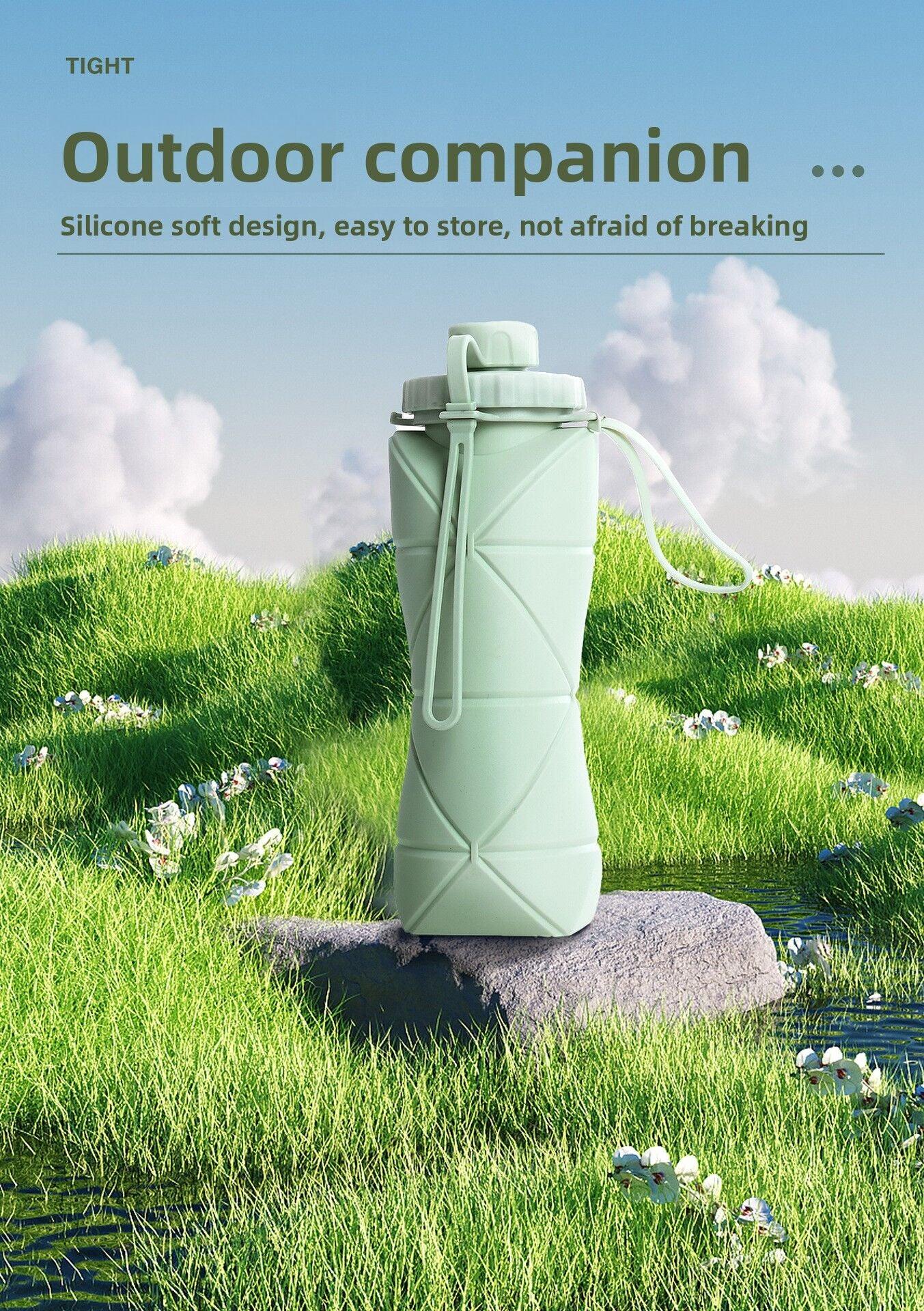 Grey Portable Food Grade Silicone Collapsible Sports Water Bottle 600ML - Folding down 80% , Low High Temperature Resistant - Mekamart Australia
