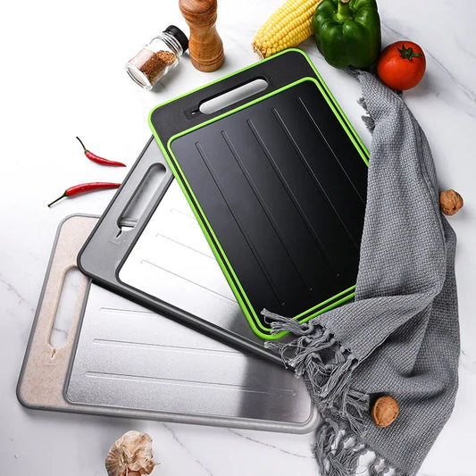 Grey Aluminum Fast Thawing Dual-Sided Cutting Board(31x21CM) - Multifunctional Kitchen Tool with Garlic Grinder and Knife Sharpener - Mekamart Australia