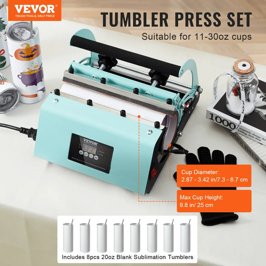 VEVOR Tumbler Heat Press Machine and Sublimation Tumblers, Tumbler Press Set with 8pcs 20OZ Blank Tumblers, Mug Press Cup Press for 11-30oz Tumblers Mug, with Heat Transfer Paper, Gloves, Tape - Mekamart Australia