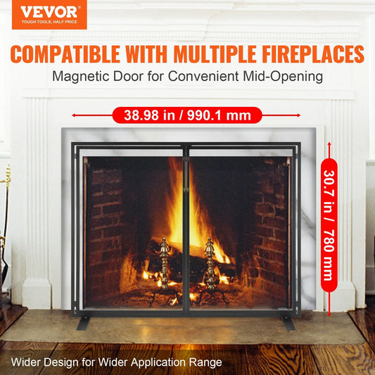 VEVOR Fireplace Screen 1 Panel with Door, Sturdy Iron Mesh Fireplace Screen, 990(L) x780(H)MM Spark Guard Cover, Simple Installation, Free Standing Fire Fence Grate for Living Room Home Decor Modern - Mekamart Australia
