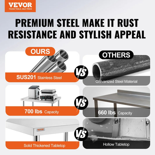 VEVOR 30x12x34 Inch Stainless Steel Work Table 3-Stage Adjustable Shelf with 4 Wheels Heavy Duty Commercial Food Prep Worktable with Brake for Kitchen Prep Work - Mekamart Australia