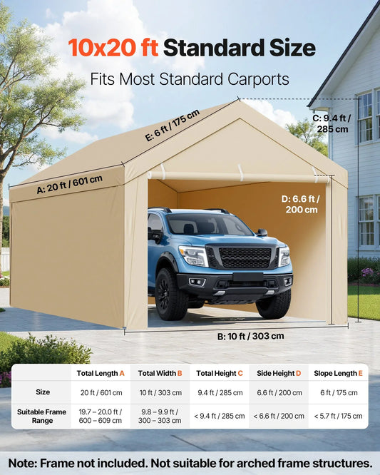 VEVOR Carport Replacement Canopy, 6 x 3 m Potable Garage Tent Top Tarp with Sidewalls, UV-Resistant & Waterproof, Heavy Duty Car Shelter Tarp with Ball Buggees, Beige, Frame Not Included - Mekamart Australia