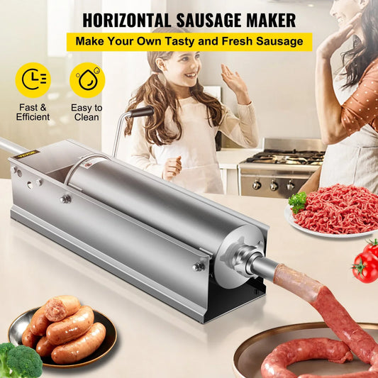 VEVOR Manual Sausage Stuffer, 7 L / 15 LBS Horizontal Sausage Machine, Dual-Speed Meat Stuffer, Made of Food-Grade 304 Stainless Steel, Includes 5 Stuffing Tubes, for Home Kitchen Restaurant Commercia - Mekamart Australia