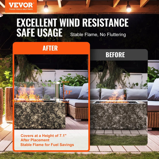 VEVOR Gas Fire Pit Wind Guard for Square Fire Table, 380 x 380 x 180 mm Clear Tempered Wind Guard for Firepits, 8mm Thick Square Glass Shield, Glass Panel with Hard Corner Bracket & Feet - Mekamart Australia