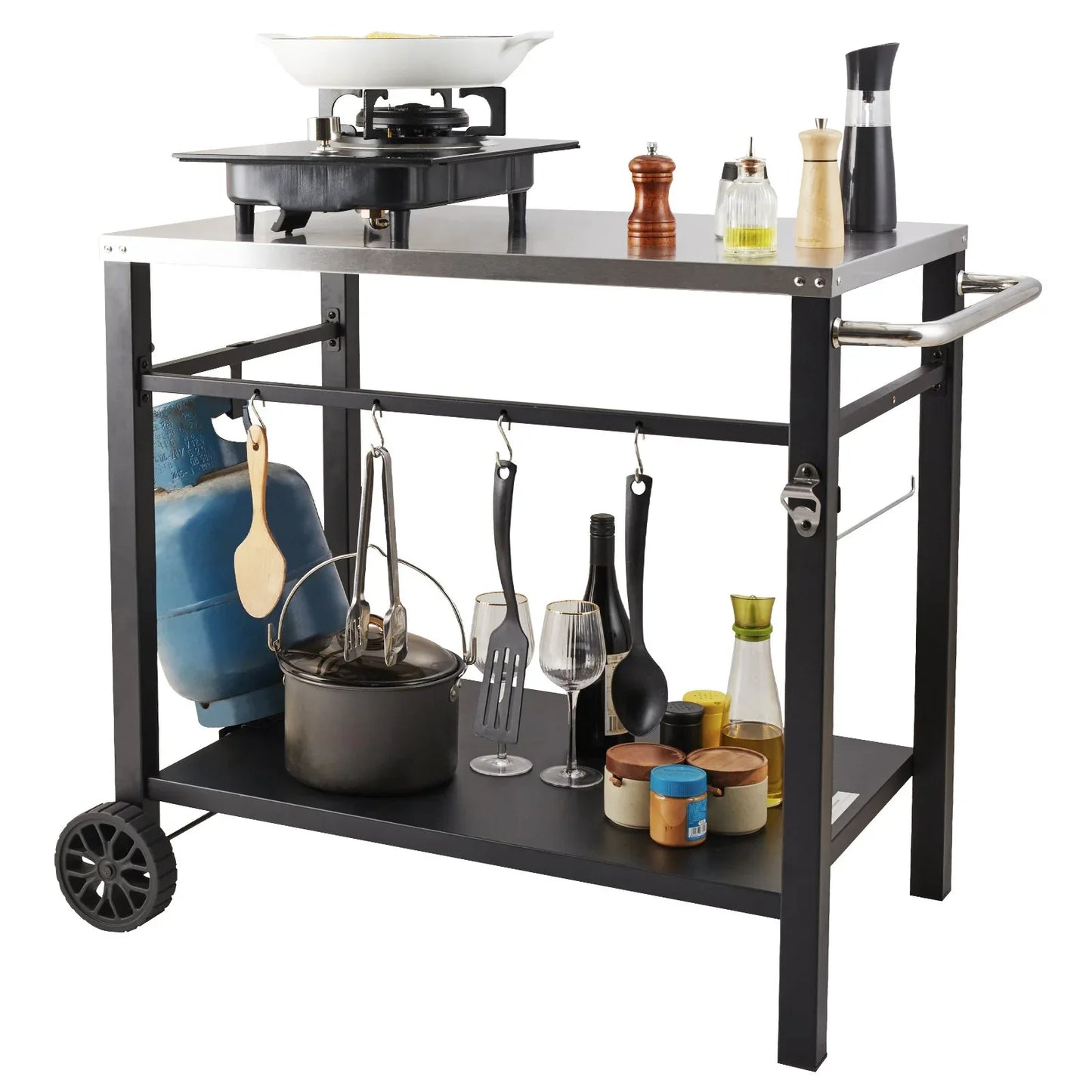 VEVOR Outdoor Grill Dining Cart with Double-Shelf, 85*55cm BBQ Movable Food Prep Table, Multifunctional Stainless Steel Table Top, Portable Modular Carts for Pizza Oven, Worktable with 2 Wheels, Carry Handle - Mekamart Australia