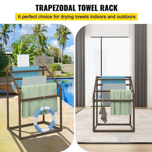 VEVOR Pool Towel Rack, 5 Bar, Brown, Freestanding Outdoor PVC Trapedozal Poolside Storage Organizer, Include 8 Towel Clips, Mesh Bag, Hook, Also Stores Floats and Paddles, for Beach, Swimming Pool - Mekamart Australia