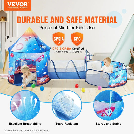 VEVOR 3 in 1 Kids Play Tent with Tunnel for Boys, Girls, Babies and Toddlers, Indoor/Outdoor Pop Up Playhouse with Carrying Bag & Banding Straps Birthday Gifts, Royal Blue Color Rocket Theme - Mekamart Australia