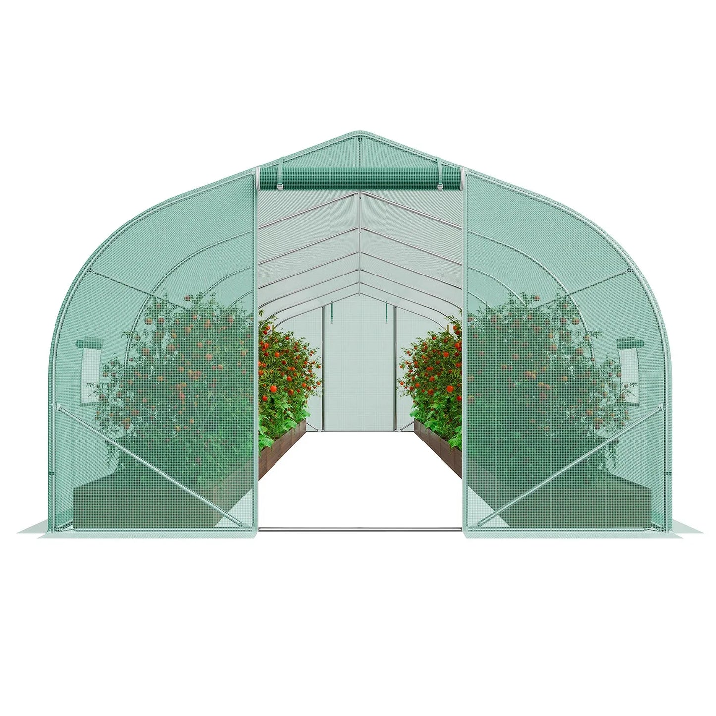 VEVOR Walk-in Tunnel Greenhouse, 29.5x9.8x6.6 ft Hoop House Greenhouse Tunnel, Peaked Roof Plant Hot House with Galvanized Steel Frame, Green PE Cover, Roll-up Zipper Door and 12 Windows for Outdoor - Mekamart Australia