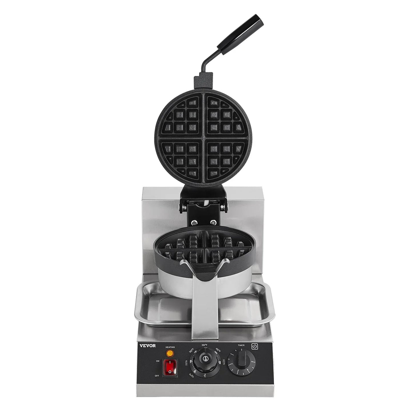 VEVOR Commercial Waffle Maker, 1300W Round Waffle Baker Machine, Non-Stick Stainless Steel Belgian Waffle Iron, Temperature and Time Control, 180° Rotatable, for Restaurant Bakery Snack Bar Family - Mekamart Australia