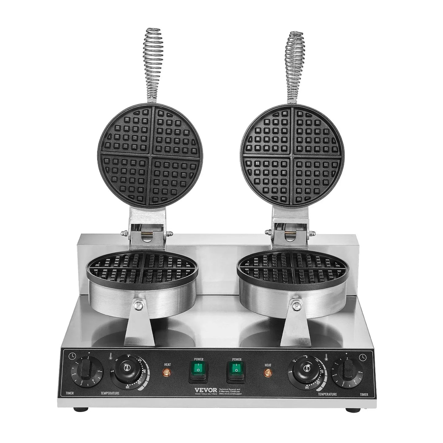 VEVOR Commercial Waffle Maker, Dual-Head Round Waffle Baker Machine, 2460W Non-Stick Stainless Steel Belgian Waffle Iron with Temp and Time Control, Handle, for Restaurant Bakery Snack Bar Family - Mekamart Australia