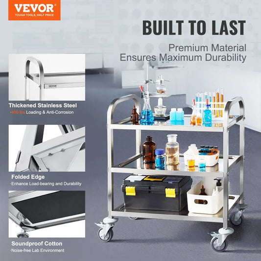 VEVOR Stainless Steel Cart, 3 Layers Lab Utility Cart 181 kg Weight Capacity, Medical Cart with Lockable Universal Wheels, for Lab, Clinic, Kitchen, Salon - Mekamart Australia