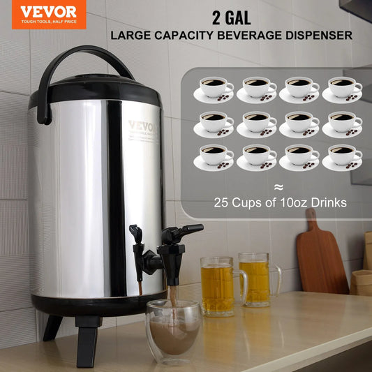 VEVOR Stainless Steel Insulated Beverage Dispenser, 7.6 Liter, Thermal Hot and Cold Drink Server Dispenser with Spigot Handle, Food-grade for Hot Tea Coffee Water Restaurant Drink Shop - Mekamart Australia