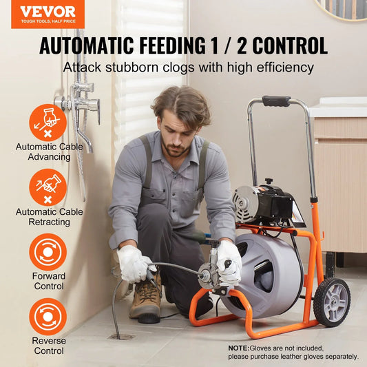VEVOR Drain Cleaner Machine 100FT x 3/8 Inch, Auto Feed Sewer Snake Drain Auger on Wheels, Portable Drain Cleaning Machine with 8 Cutters & Air-activated Foot Switch for 2" to 4" Pipes - Mekamart Australia