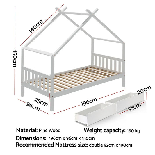 Artiss Bed Frame Wooden Base Kids Single Timber House with 2 Storage Drawers Beds White - Mekamart Australia