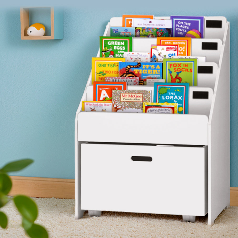 Bookshelves and storage shelves for kids' rooms.