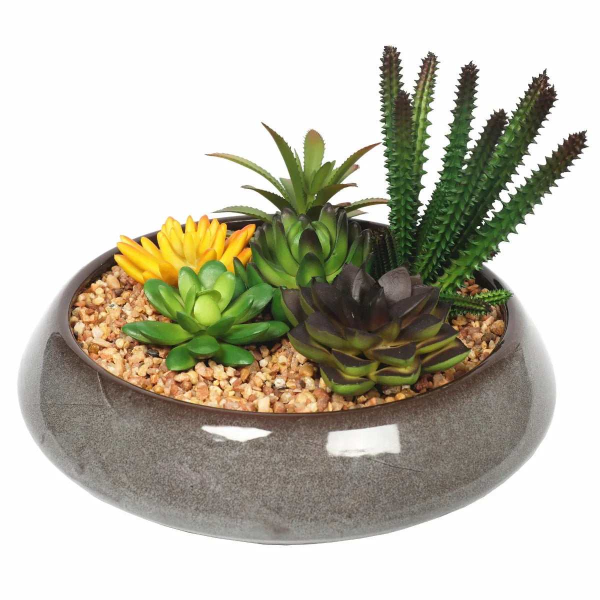 Potted Artificial Succulents with Round Decorative Bowl 19cm - Mekamart Australia