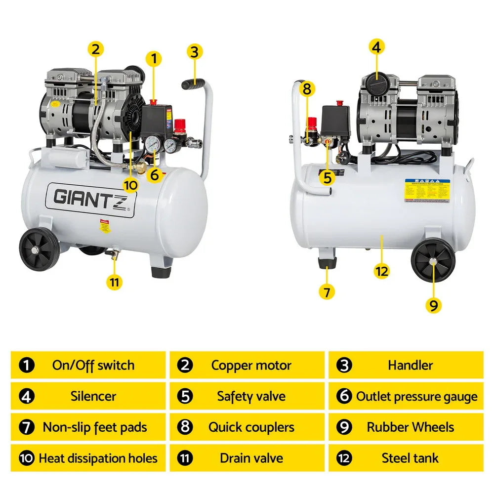 Giantz 24L Air Compressor Quiet 0.75HP Oil-Free Portable Tyre Inflator 40L/Min - Mekamart Australia