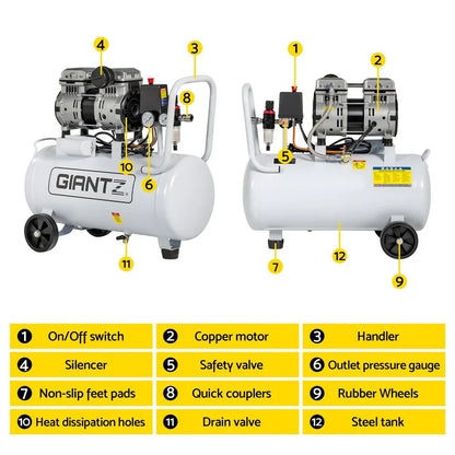 Giantz 30L Air Compressor Quiet 0.75HP Oil-Free Portable Tyre Inflator 40L/Min - Mekamart Australia