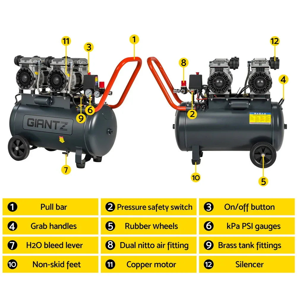 Giantz 50L Air Compressor Quiet 3.0HP Oil-Free Portable Tyre Inflator 200L/Min - Mekamart Australia