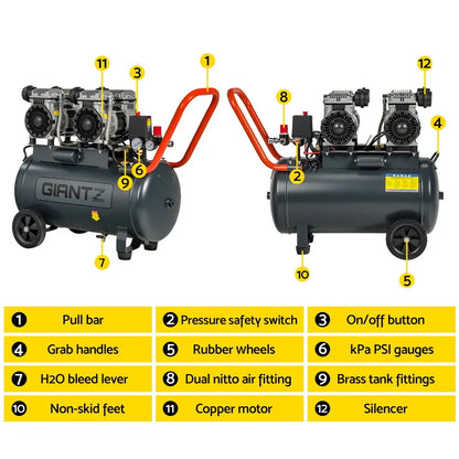 Giantz 50L Air Compressor Quiet 3.0HP Oil-Free Portable Tyre Inflator 200L/Min - Mekamart Australia
